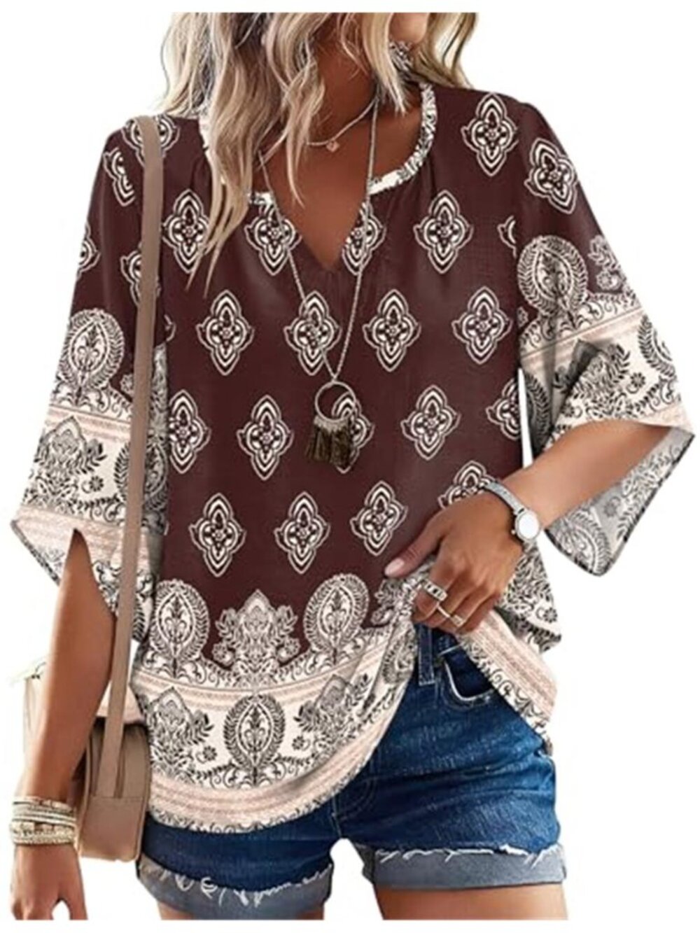 Womens Boho Peasant Blouse Paisley 3/4 Sleeve V Neck Flowy Tunic Top Summer